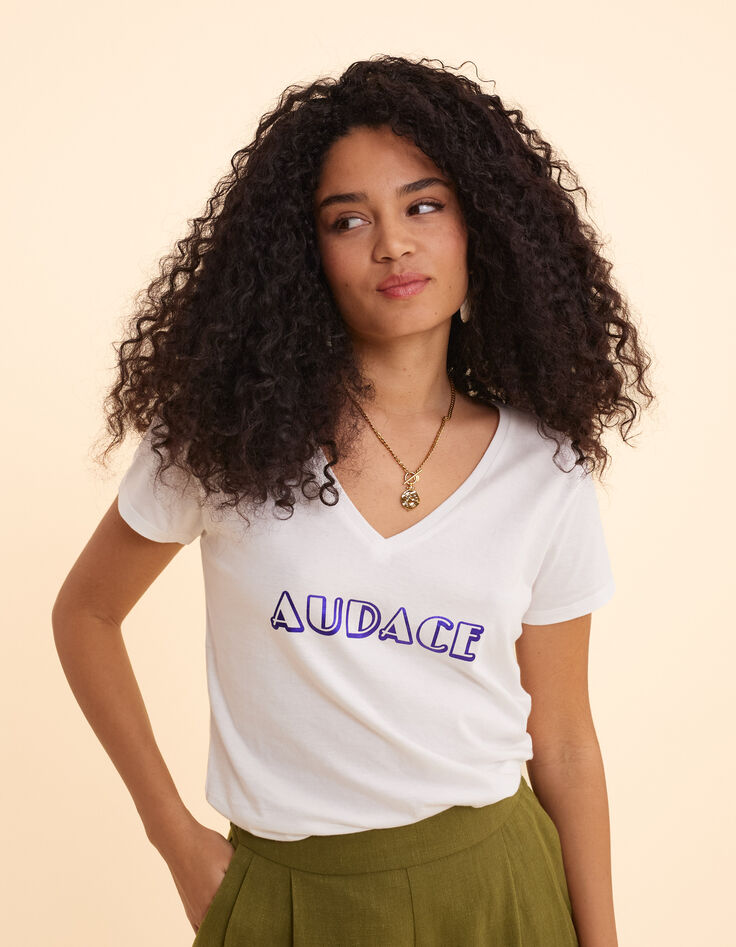 I.Code white V-neck T-shirt with metallic blue slogan-1