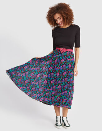 I.Code black pleated long dress with colour floral print