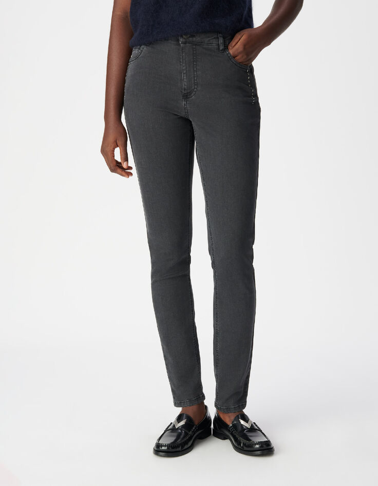 Graue schmale Jeans mit hoher Taille und Nietenverzierung Nina Damen-2