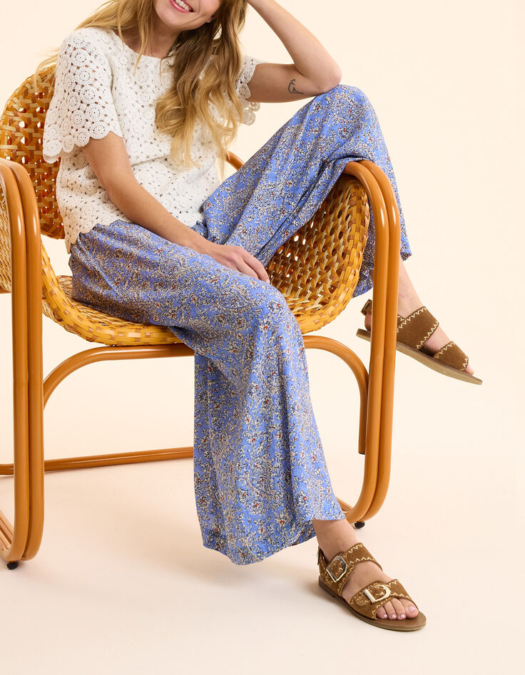 Blauwe wideleg broek kasjmier-bloemenprint I.Code-7
