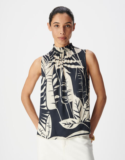 &Auml;rmelloses Satin-Top navy mit Blattprint f&uuml;r Damen - IKKS