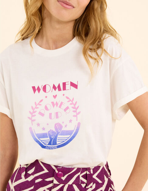 Weißes Kurzarm-T-Shirt mit Botschaft und I.Code-Fäusten