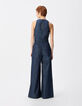 Mujer mono ancho de denim crudo sin mangas-3