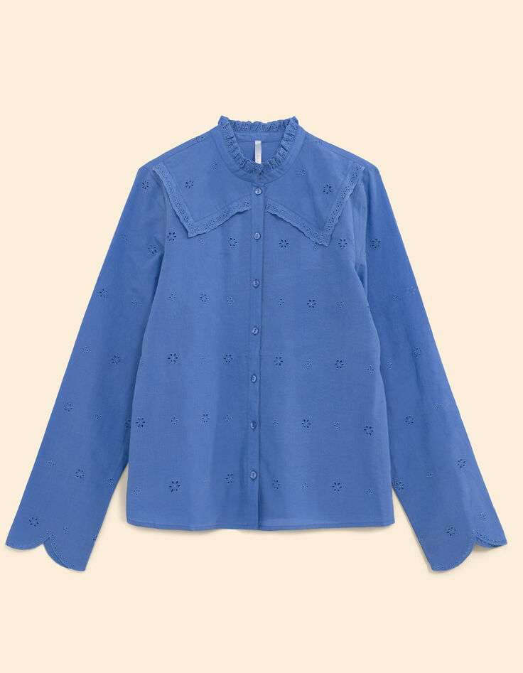 Blaues Hemd mit englischer Stickerei I.Code genähter Kragen-6
