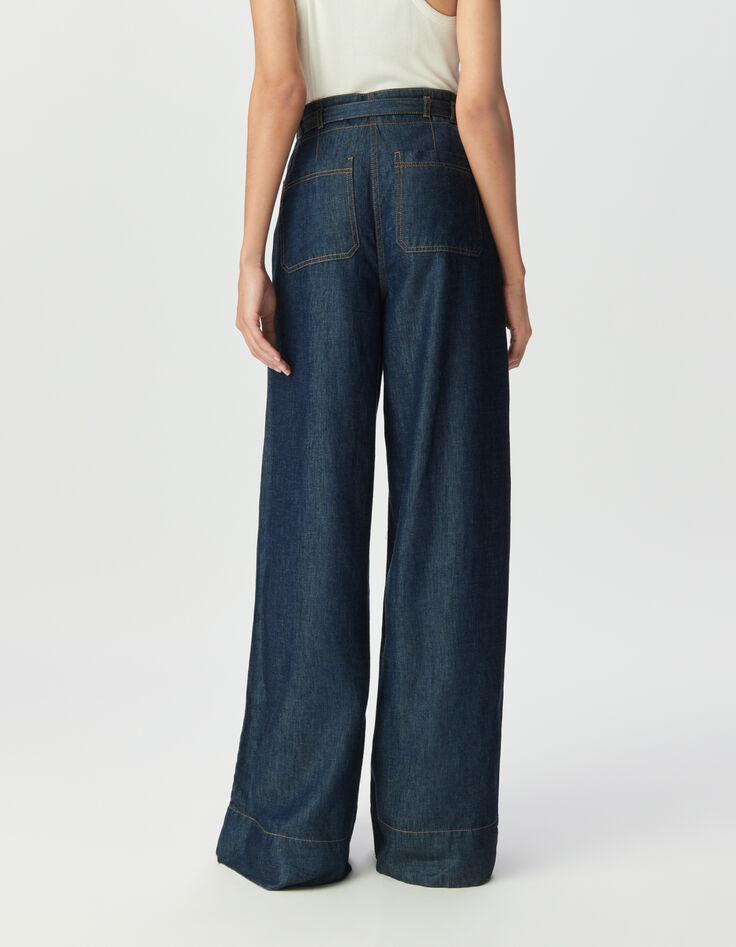 Blaue weite Damenjeans hoher Bund G&uuml;rtel-4