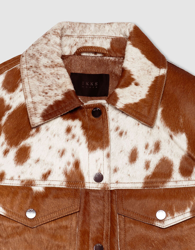 Veste courte en cuir marron motif vache Femme-8