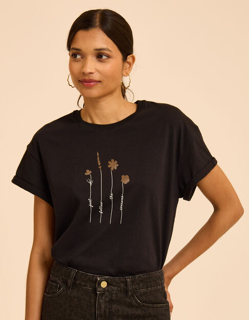 Zwart T-shirt korte mouwen bloemenopdruk I.Code