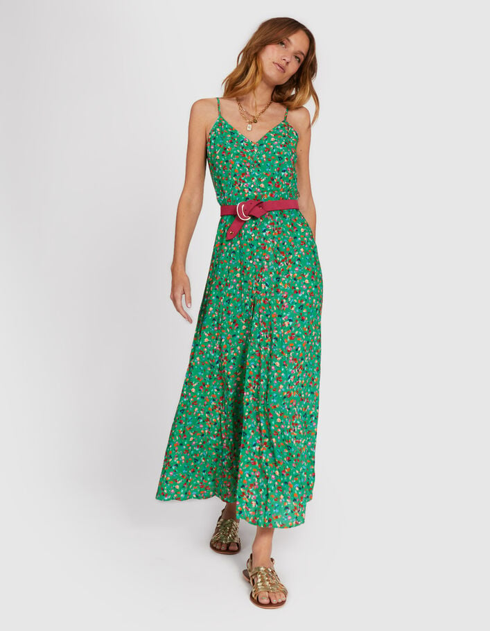 Vestido verde pradera con estampado floral tachista y tirantes finos I.Code - I.CODE