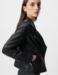 Women's black leather biker jacket with detachable hood-4