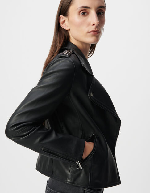 Schwarze Biker-Lederjacke f&uuml;r Damen mit abnehmbarer Kapuze - IKKS
