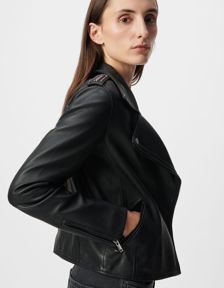 Women's black leather biker jacket with detachable hood-4