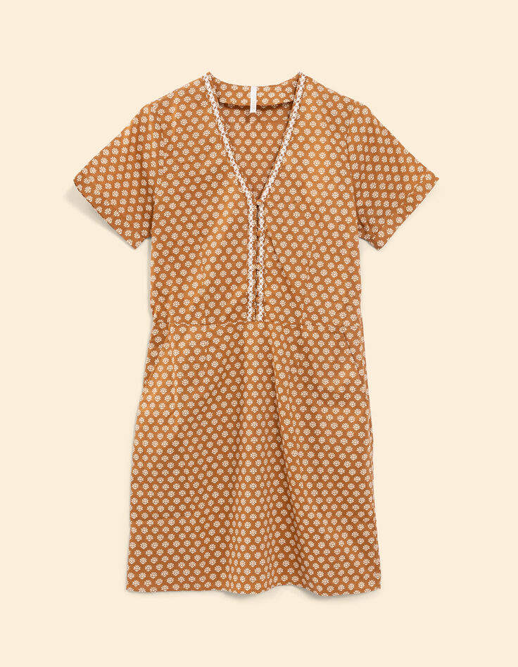 Camelbraunes Kleid mit Blumenprint, Herz I.Code-6