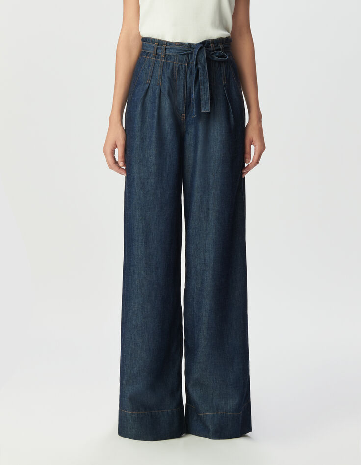 Blaue weite Damenjeans hoher Bund G&uuml;rtel-2