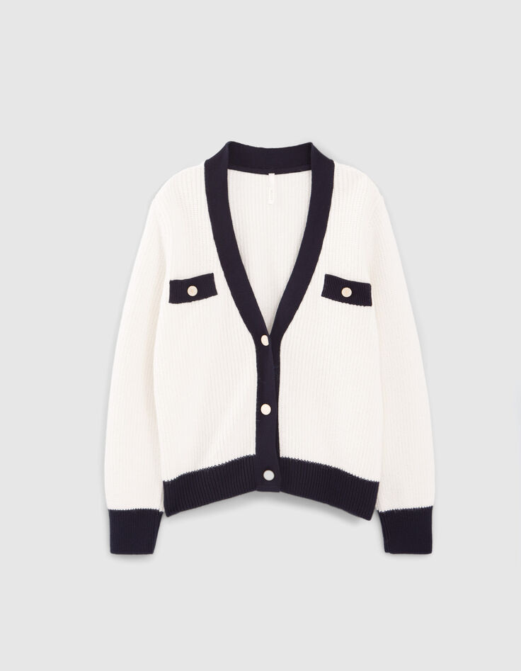 Cardigan blanc cassé bordé marine en tricot I.Code-4 Cardigan blanc cassé bordé marine en tricot I.Code-4