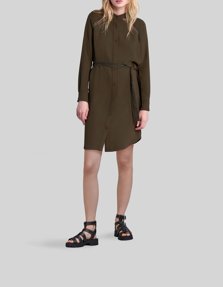 Kaki Damen-Kleid recycelt Spitzeneinsatz Ton-in-Ton-1