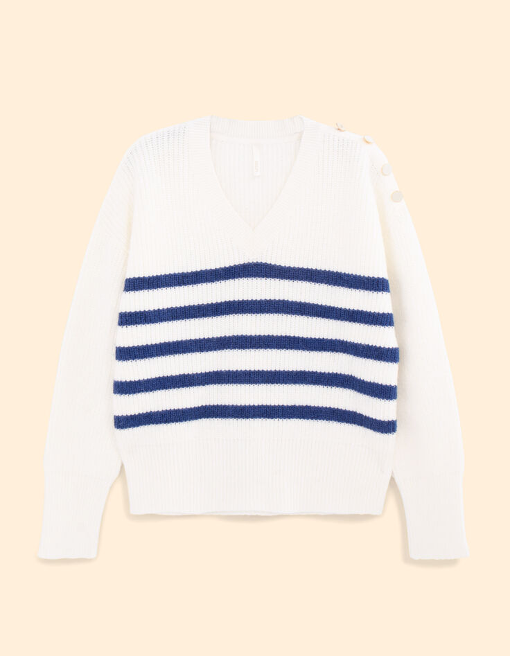 Pull blanc tricot ray&eacute; bleu I.Code-11