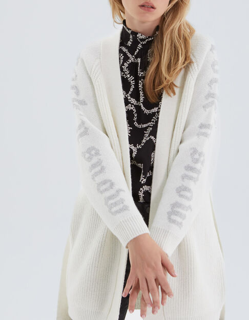 Cremewei&szlig;e Damenstrickjacke mit G&uuml;rtel und Schriftzug - IKKS
