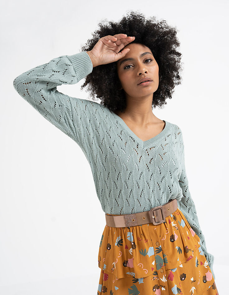 Pull light green tricot ajouré dos cache-cœur I.Code-5