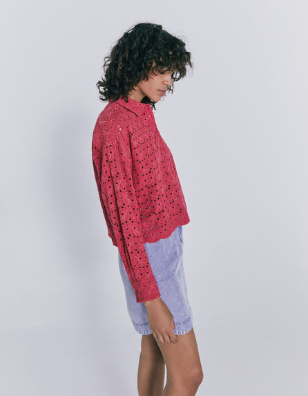 Chemise cropped broderies anglaises rose framboise femme