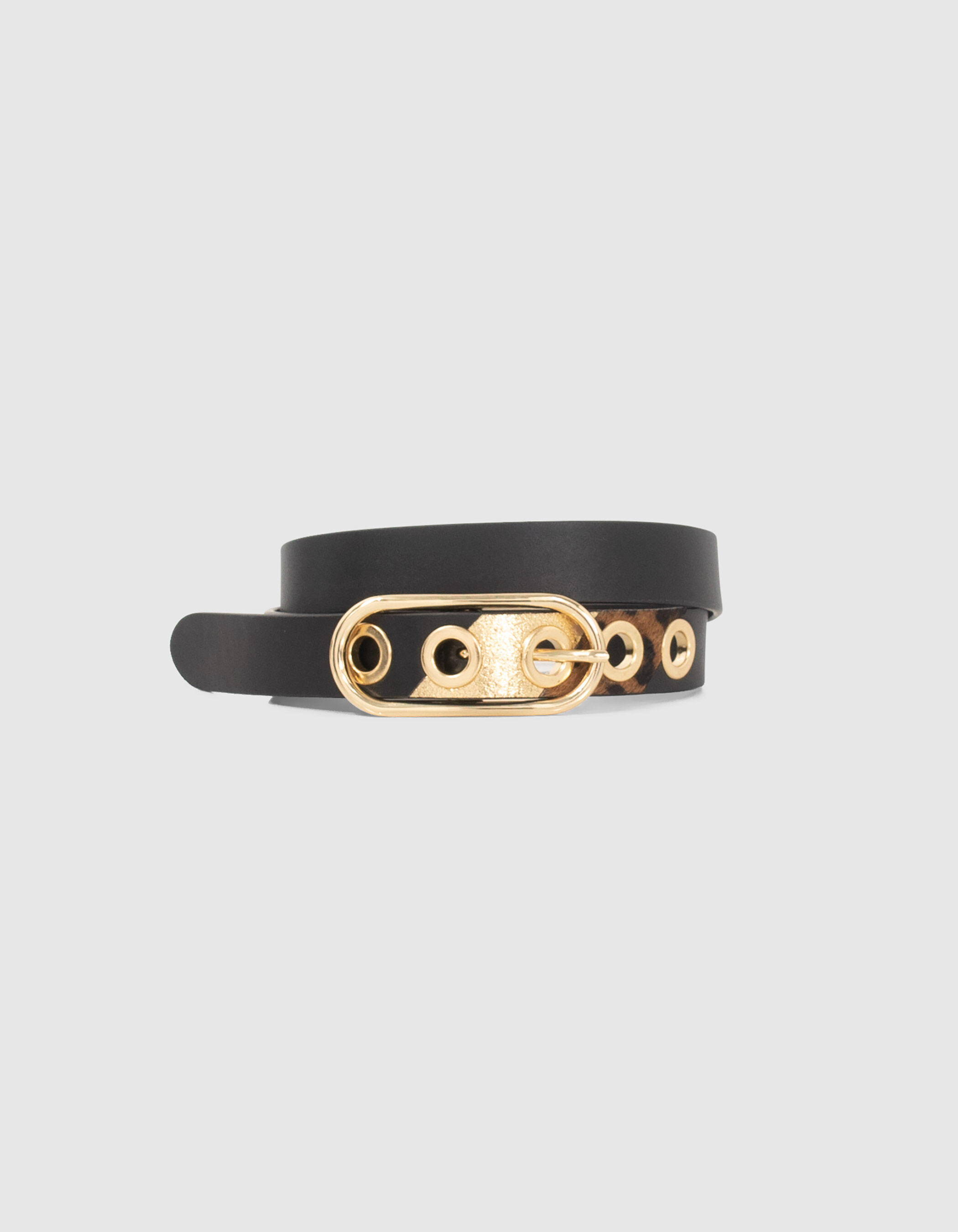 I.Code black leather belt with gold and leopard details