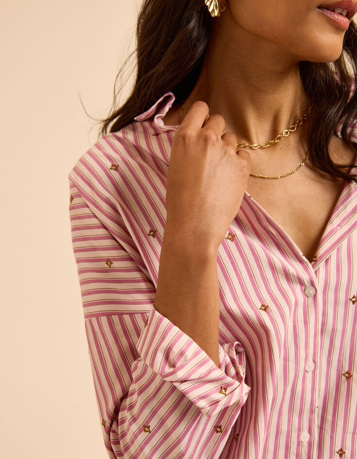 Chemise rose motif rayures et broderies Alexandra I.Code-5 Chemise rose motif rayures et broderies Alexandra I.Code-5