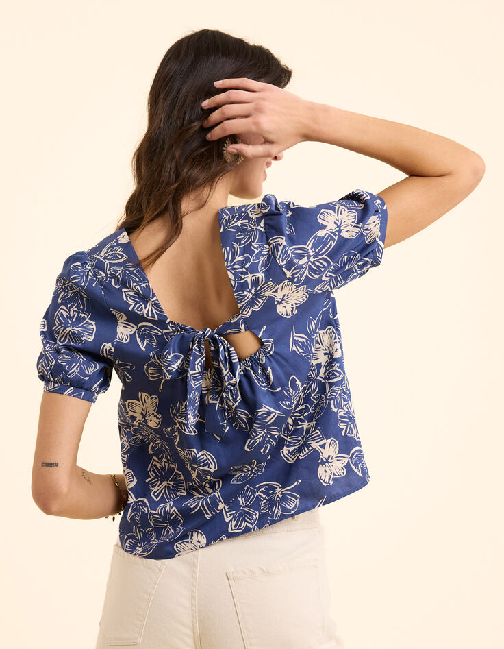 Top marine imprimé maxi fleurs nœud dos I.Code-1