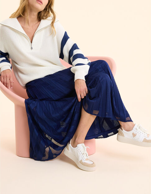 Jupe longue indigo pliss&eacute;e rayures ajour&eacute;es I.Code