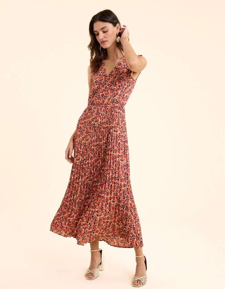 Robe longue rouge plissée imprimé fleuri I.Code-3