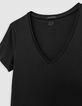 Schwarzes V-Ausschnitt T-Shirt Damen mit Fischgr&auml;ten-Stickerei-6