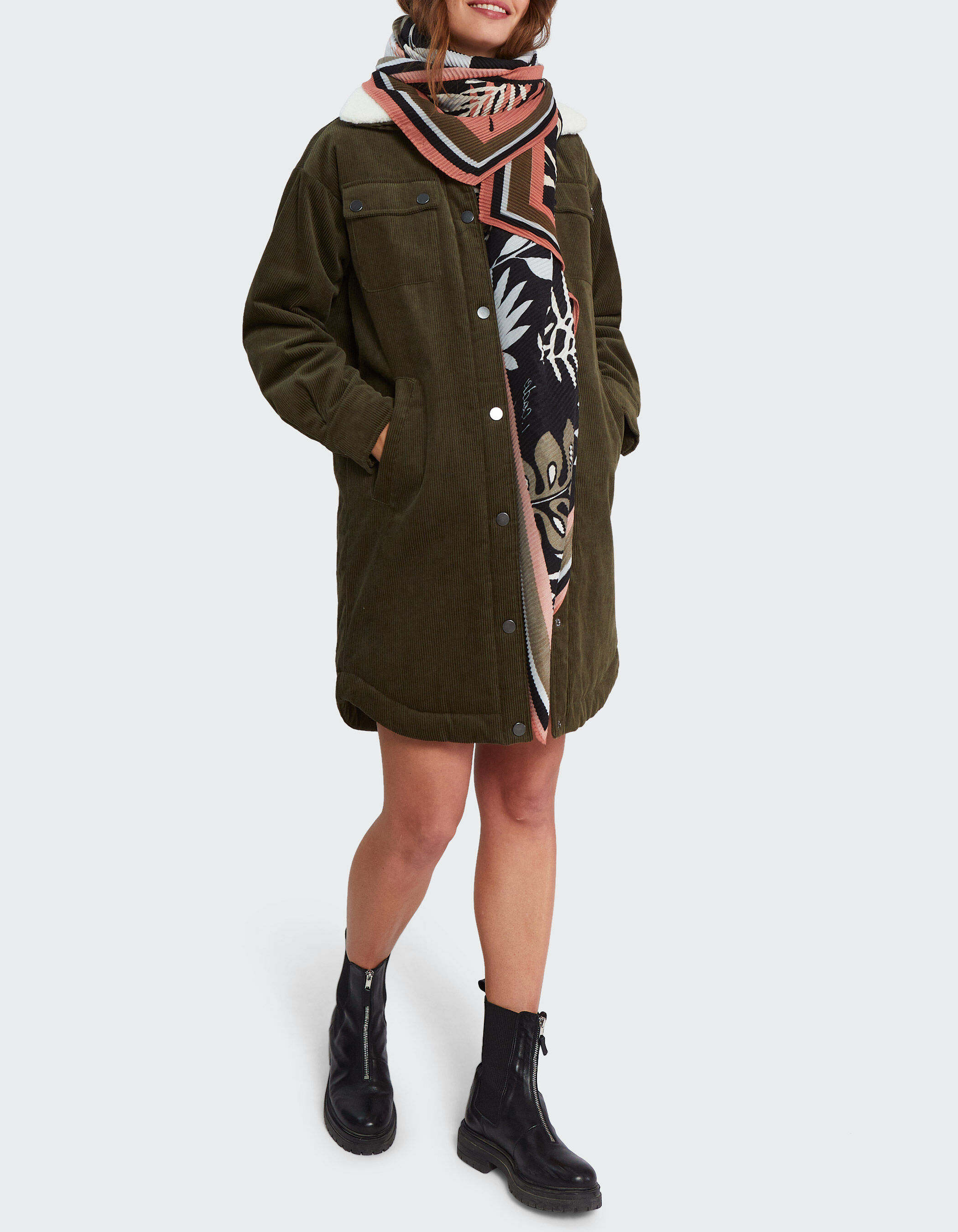 I.Code khaki corduroy coat with detachable Sherpa collar
