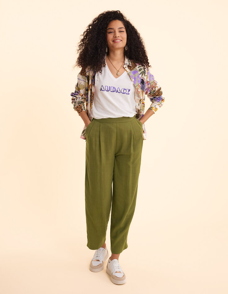 I.Code white V-neck T-shirt with metallic blue slogan-3