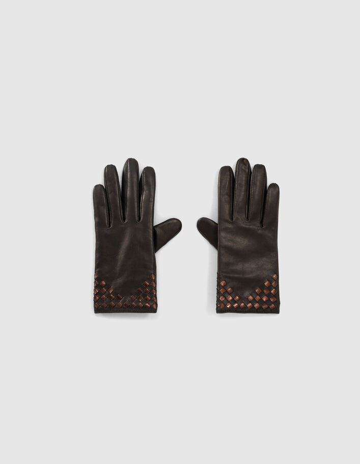 Zwarte leren handschoenen kastanje vlechtwerk I.Code - I.CODE