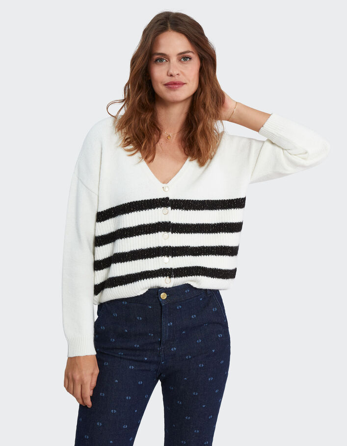 Cardigan blanc tricot à rayures noires I.Code-2