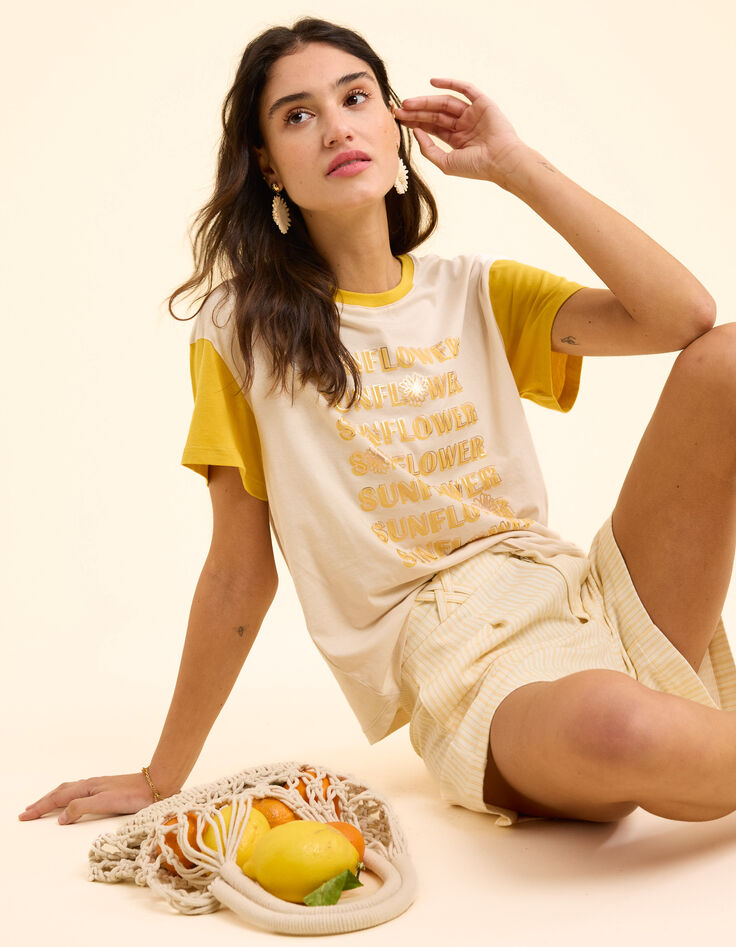 Tee-shirt écru manches jaune à message I.Code-1