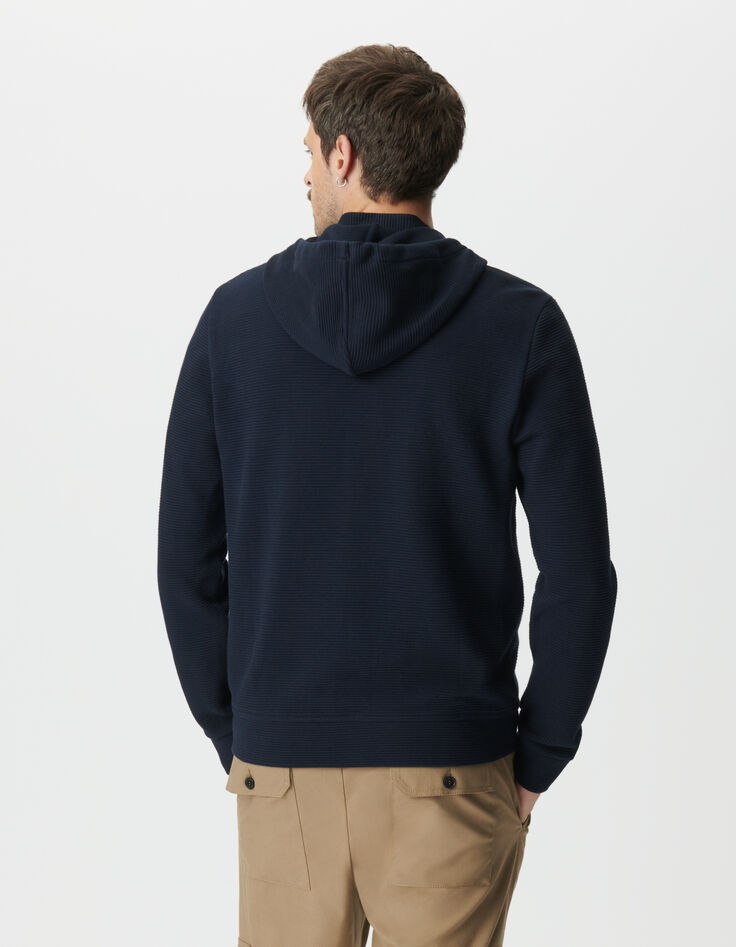 Blaue Herrenstrickjacke Biobaumwolle Ausschnitt Kapuze-4