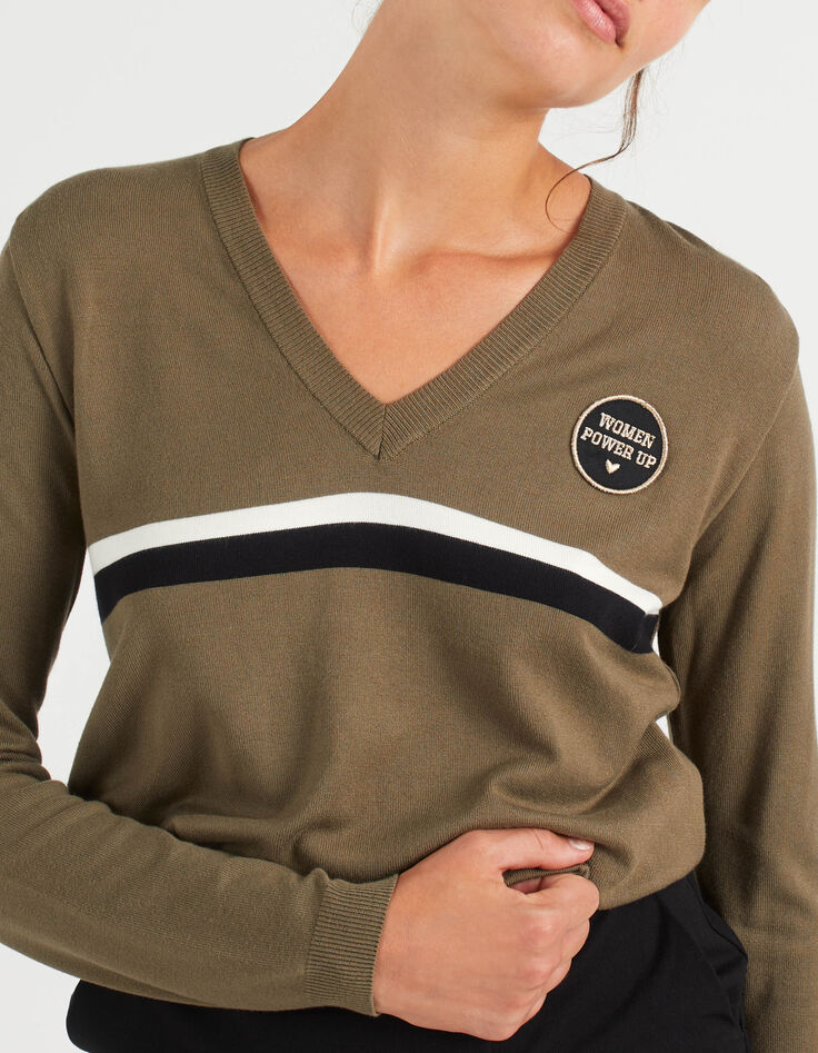 Pull kaki tricot badge et rayures bicolores I.Code-1 Pull kaki tricot badge et rayures bicolores I.Code-1