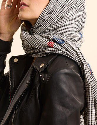 I.Code ecru scarf with gingham pattern and color embroidery