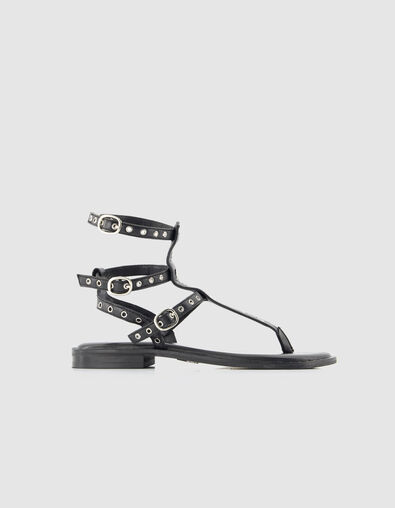Flache Damen-Sandalen aus schwarzem Leder von Spartan - IKKS