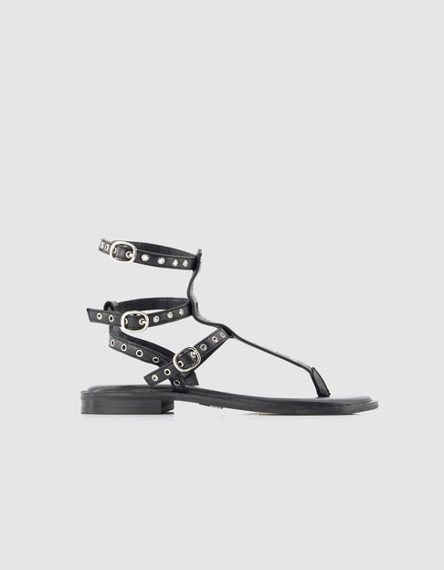 Flache Damen-Sandalen aus schwarzem Leder von Spartan - IKKS