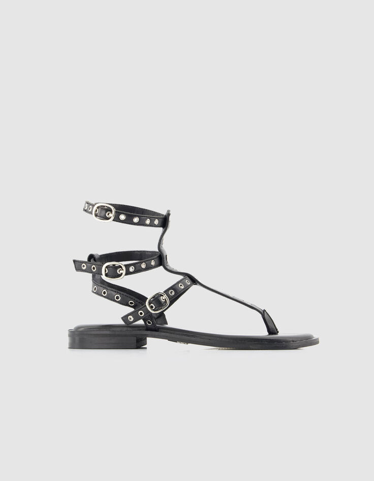 Flache Damen-Sandalen aus schwarzem Leder von Spartan-1