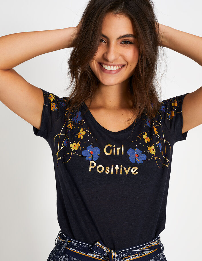 I.Code navy Girl Positive linen T-shirt - I.CODE