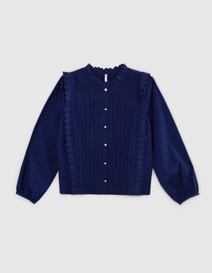 Blusa &iacute;ndigo pliegues cosidos y bordados I.Code-3