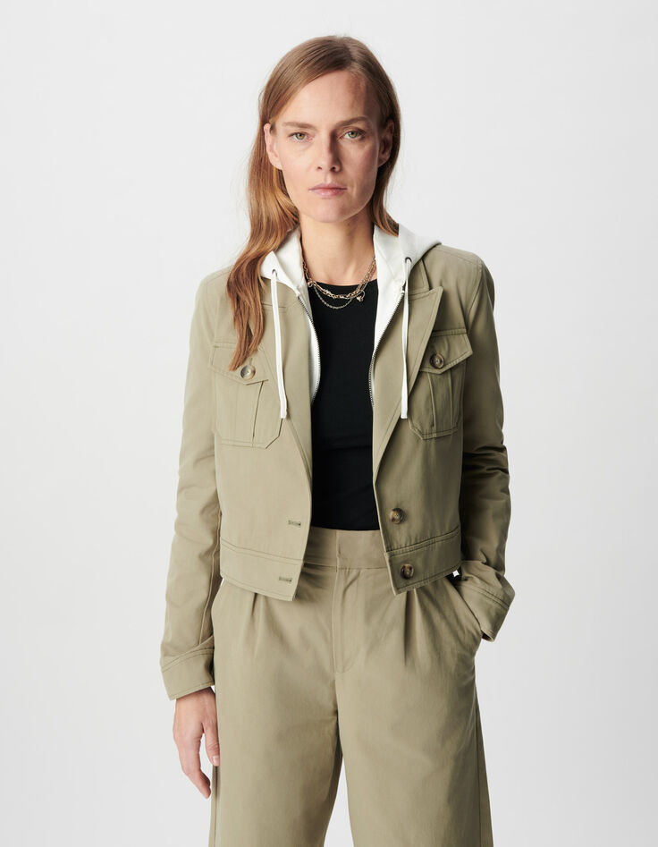 Kurze gr&uuml;ne Jacke f&uuml;r Damen mit abnehmbarer Kapuze aus wei&szlig;em Satin-2