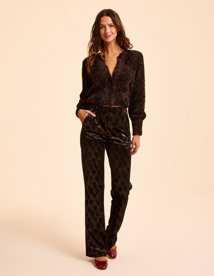 Cardigan kaki tricot duveteux lurex cuivr&eacute; I.Code-7