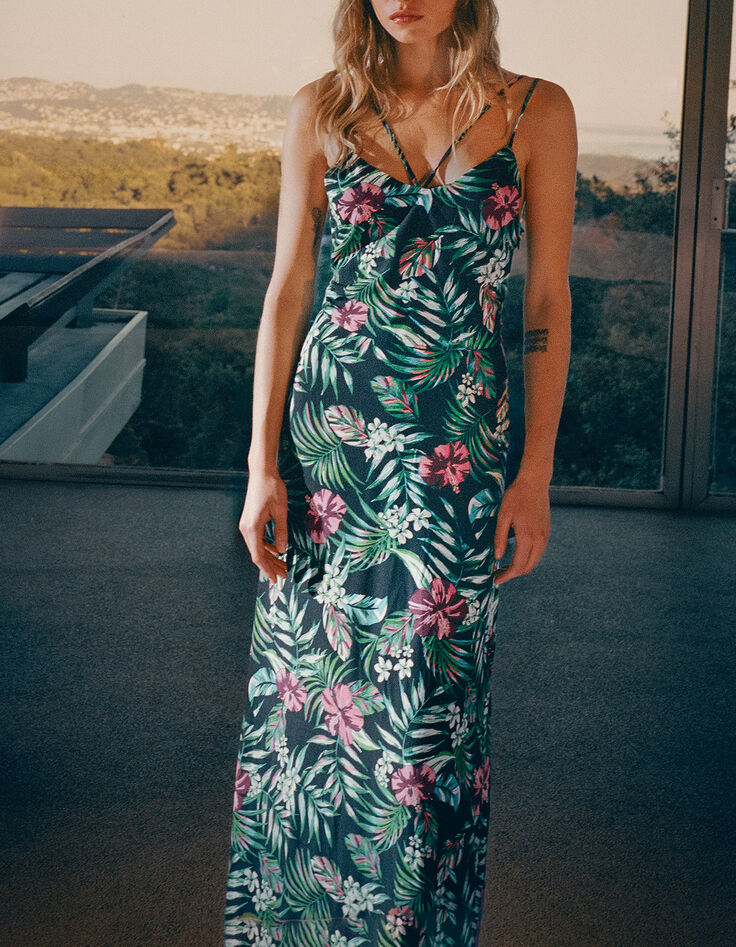 Langes, schwarzes Damenkleid mit tropischem Print-5