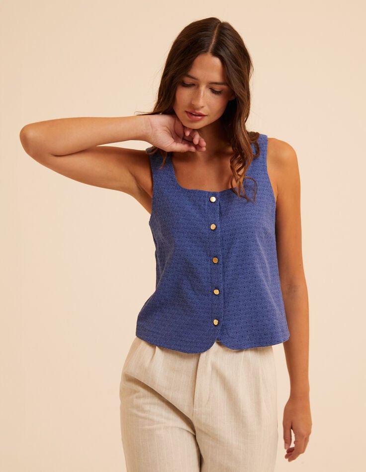 Top bleu jacquard fantaisie boutonné I.Code-4 Top bleu jacquard fantaisie boutonné I.Code-4