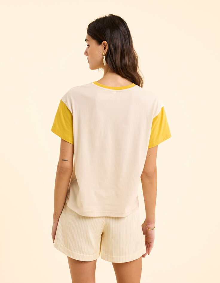 Tee-shirt écru manches jaune à message I.Code-5