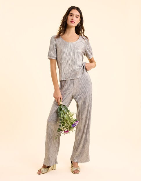 Pantalon gris plissé à rayures fantaisie dorées I.Code