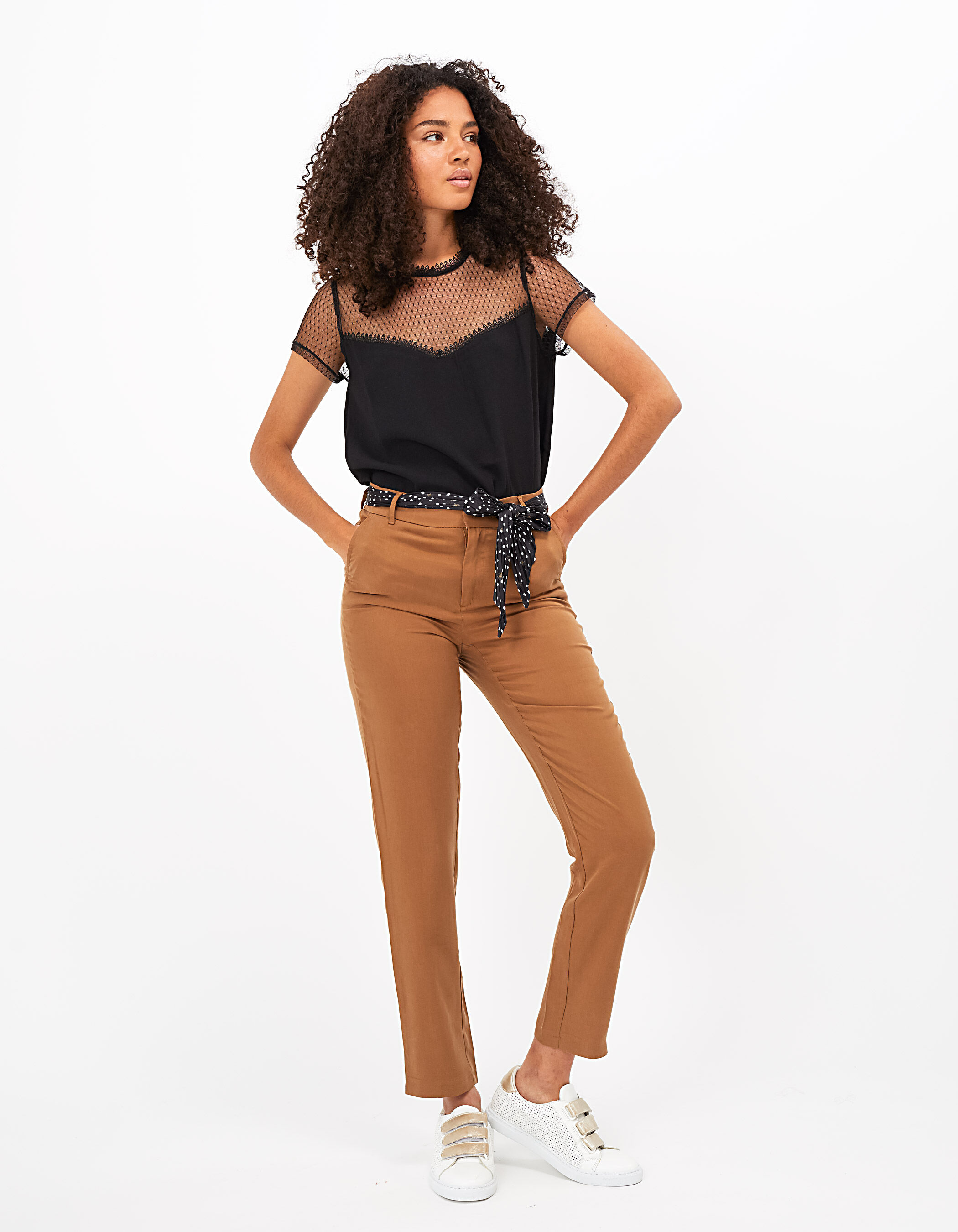 Pantalon fluide sable a ceinture pois et palmiers I.Code