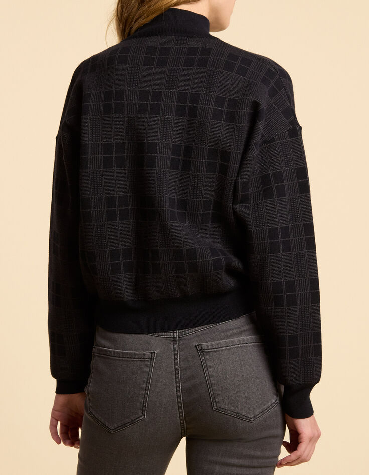 I.Code black knit cardigan with check jacquard motif-3